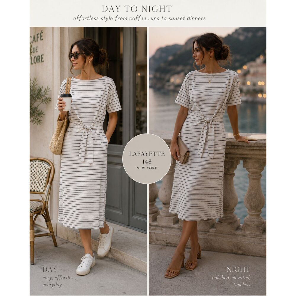 Lafayette 148 Striped Jersey Tie Waist Midi Dress White Black Large Stretch Chic